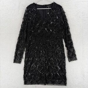 Cache Dress Womens Large Black Sequin Fringe Mesh V Neck Sheath Mini Cocktail